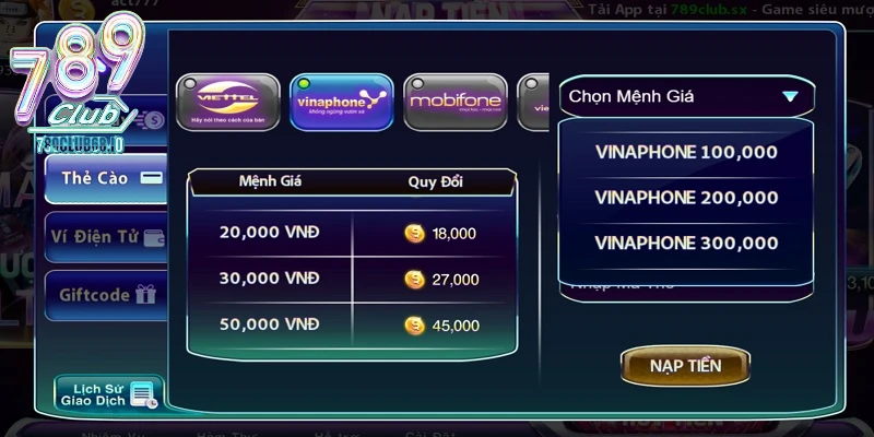 Gửi tiền vào acc cá cược 789Club bằng thẻ cào