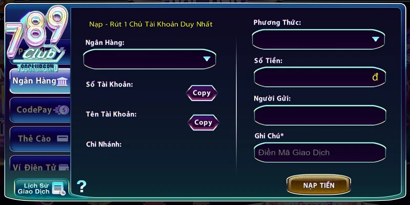 Gửi tiền vào tài khoản 789Club qua ngân hàng