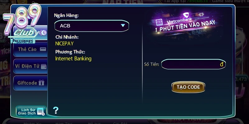 Nạp tiền nhanh chóng vào 789Club bằng Code Pay